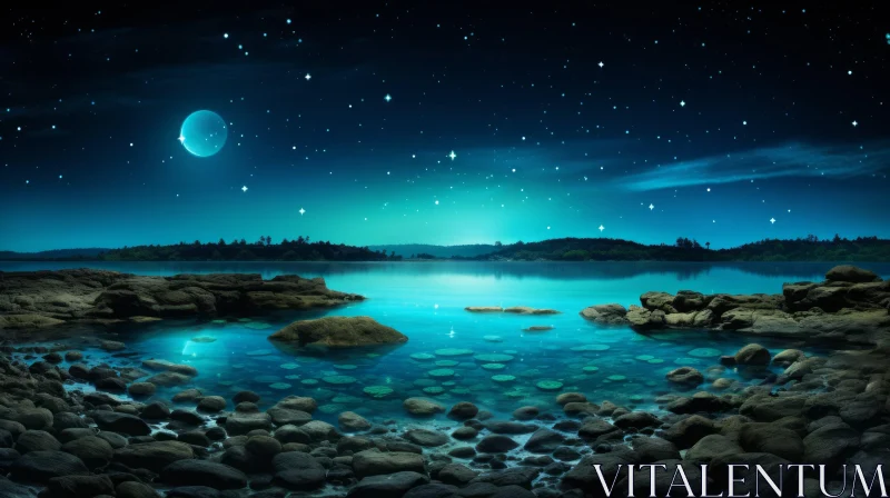 Tranquil Night Landscape with Lake and Starry Sky AI Image