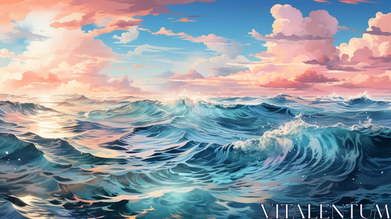 Tranquil Seascape with Powerful Waves and Colorful Sky AI Image