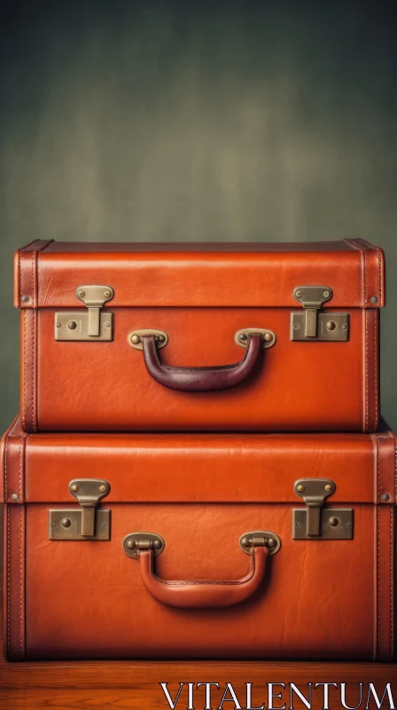 Vintage Brown Leather Suitcases on Wooden Table AI Image