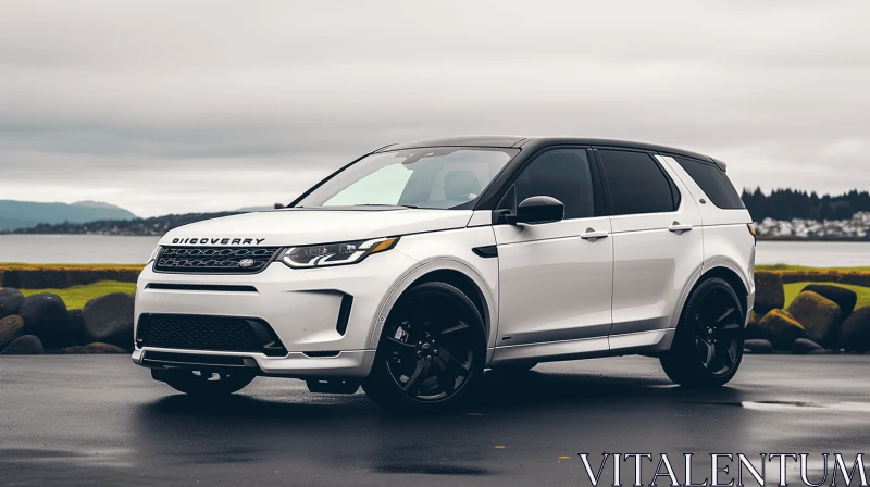 White Land Rover Discovery Parked on a Rainy Day | Bold Outlines | Metallic Finish AI Image