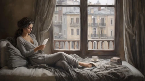 Young Woman Reading a Letter in Bedroom