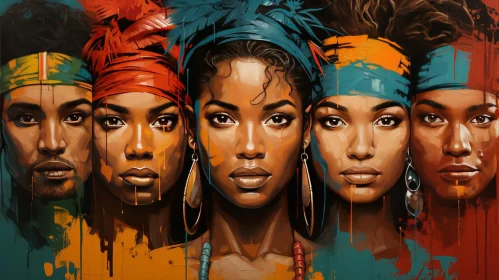 African Women Painting - Colorful Head Wraps & Serious Expressions