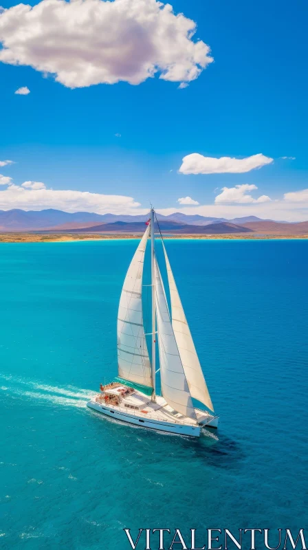 Blue and White Catamaran Sailing on Turquoise Waters AI Image