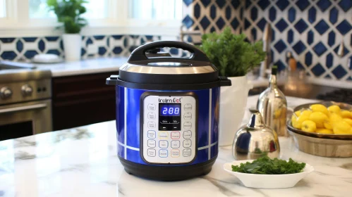 Blue Instant Pot Duo 7-in-1 Multi-Cooker on Kitchen Counter