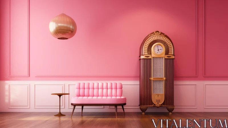 Cozy Retro Living Room with Pink Walls and Brown Furniture AI Image