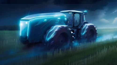 Futuristic Tractor Driving Through Night Field