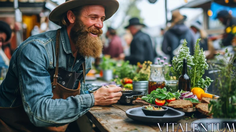Man Enjoying Meal at Food Festival AI Image