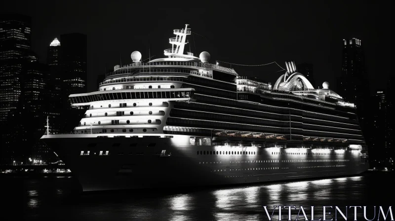Night View: Cruise Ship Illuminated in City Lights AI Image