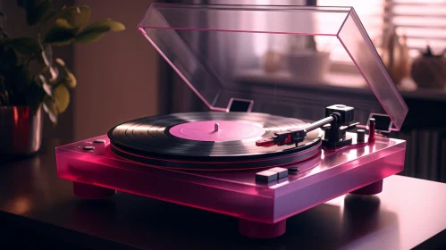 Pink Record Player Close-Up on Wooden Table