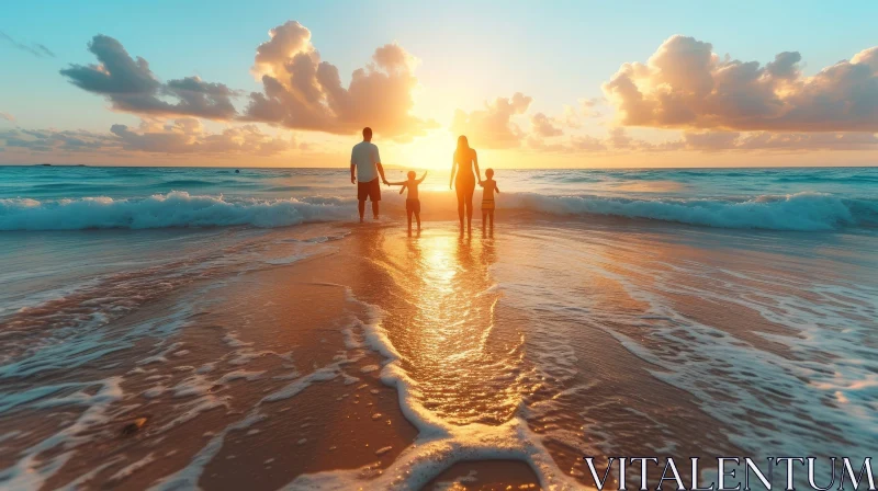 AI ART Serene Sunset Beach Family Walk