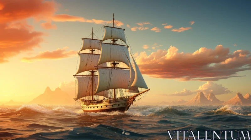 Tall Ship Sailing on Rough Sea - Dramatic Painting AI Image