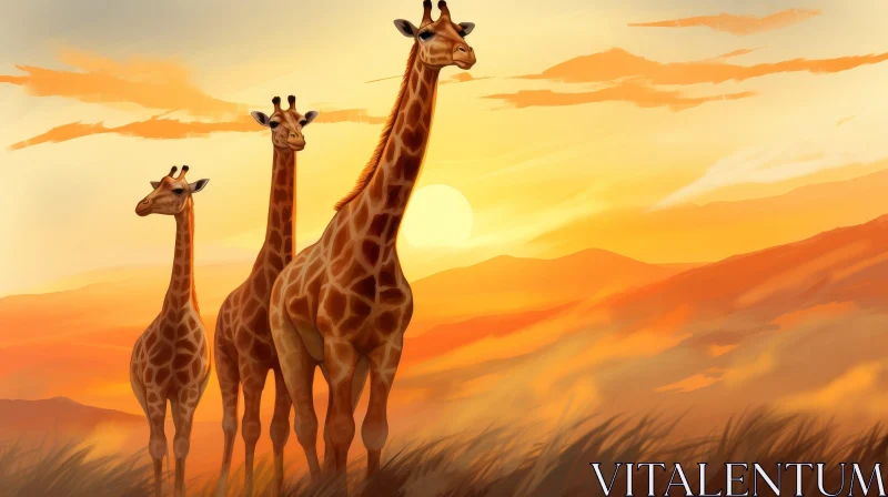 Three Giraffes in African Savanna Sunset AI Image