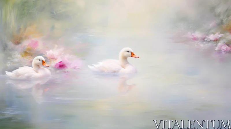 Tranquil Ducks Swimming in Pond Painting AI Image