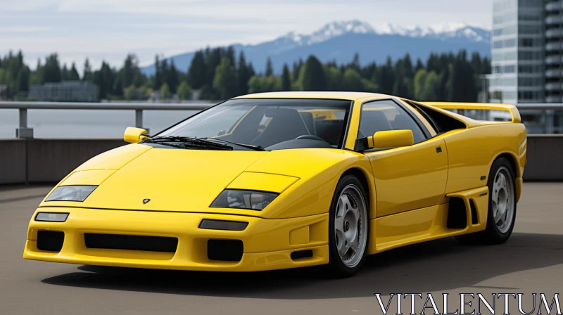 Yellow Sports Car in Mountainous Parking Lot | PS1 Graphics AI Image