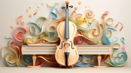 3D Violin and Piano with Colorful Ribbons