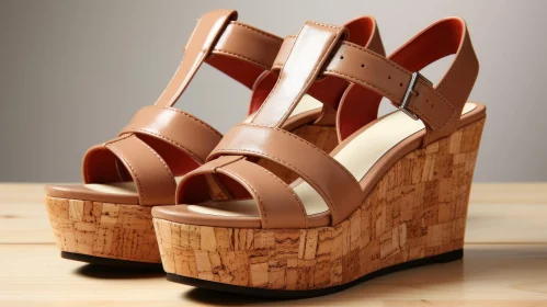 Brown Leather Wedge Sandals with T-Strap Design
