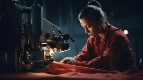 Female Worker Operating Sewing Machine in Factory