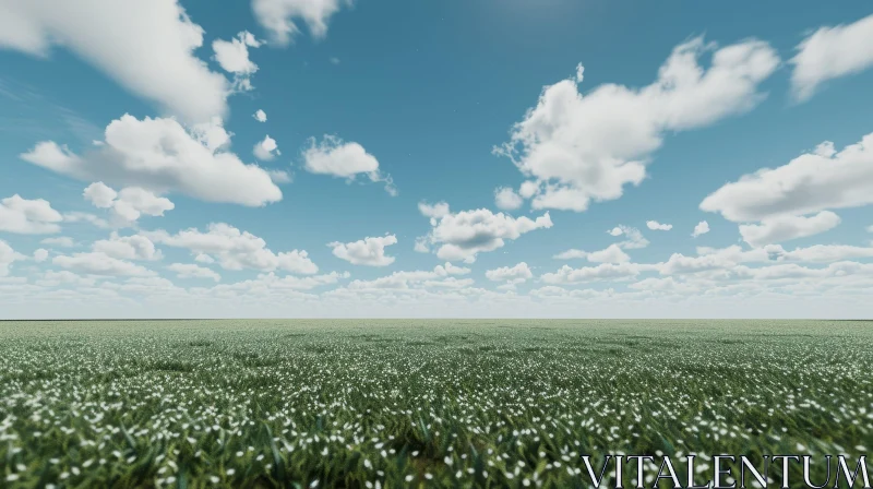 Green Field with White Flowers: Serene Nature Landscape AI Image