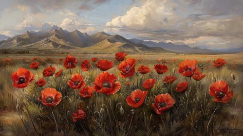 Red Poppies Field Landscape Painting with Mountain View