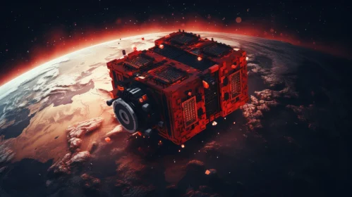 Red Satellite in Space Orbiting Earth