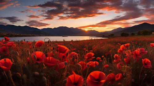 Scenic Landscape: Field of Red Poppies with Lake and Mountains