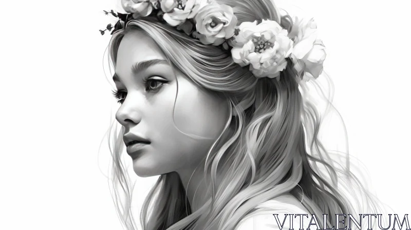 AI ART Serene Black and White Portrait of a Young Woman