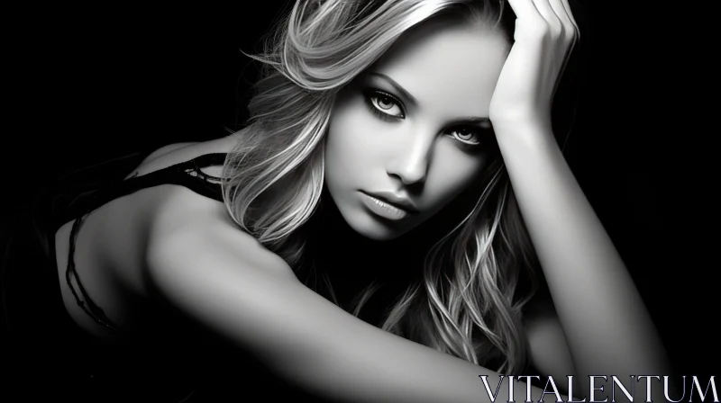 Serious Expression - Black and White Portrait of a Beautiful Blonde Woman AI Image