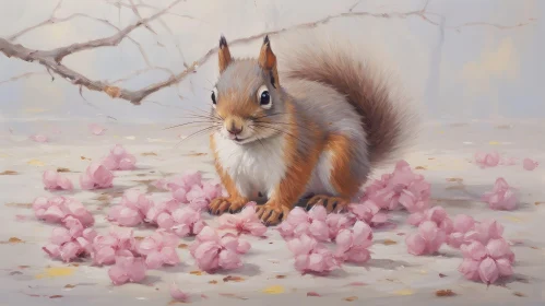 Squirrel on Branch with Pink Flowers Painting