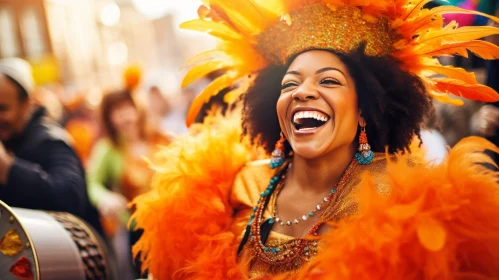 Young Woman in Elaborate Orange Feathered Headdress at Carnival