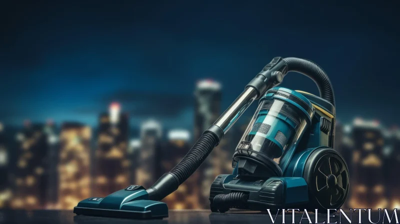 AI ART Blue Modern Vacuum Cleaner on Night Cityscape Background