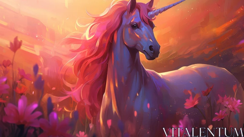 Enchanting Unicorn in Flower Field Painting AI Image