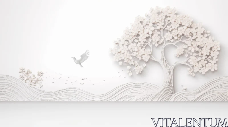 AI ART Ethereal White Tree and Flowers 3D Rendering