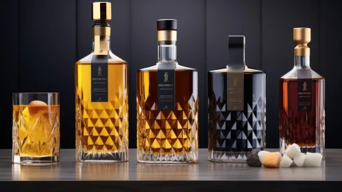 Exquisite Glass Bottles of Whiskey on Wooden Table