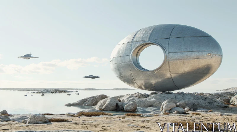 AI ART Metallic Sphere on Rocky Beach with Spaceship-like Objects