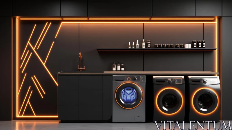 AI ART Modern Laundry Room with Neon Lights and Stainless Steel Appliances