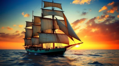 Sailing Ship at Sunset Painting