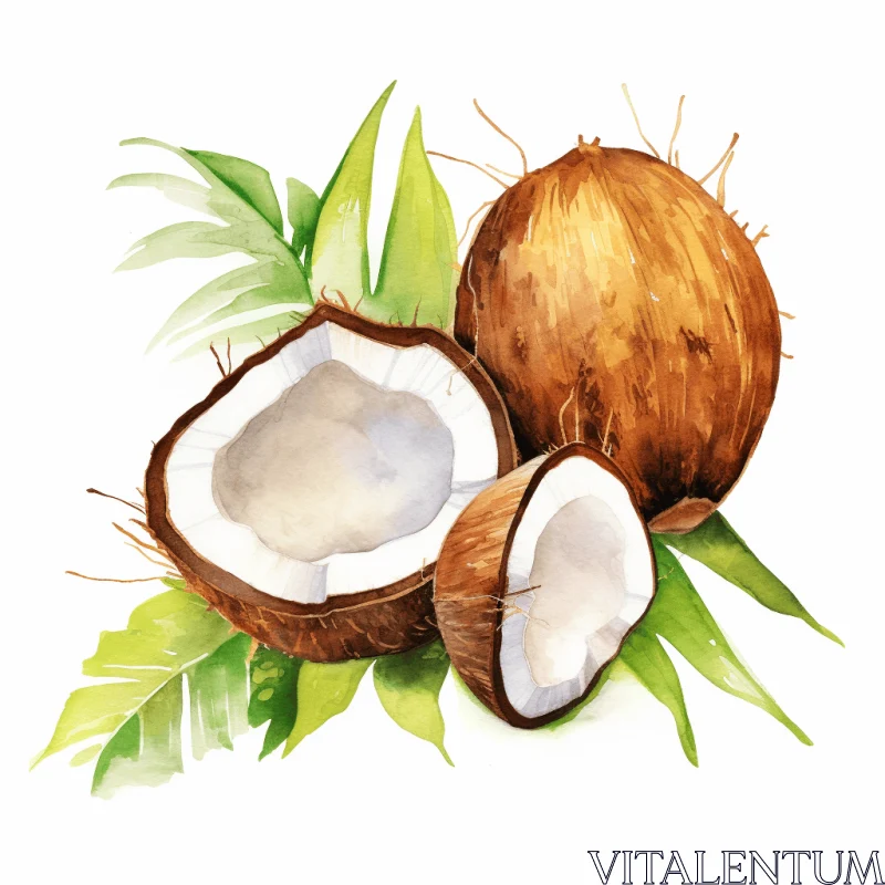 Watercolor Coconut with Leaves: Detailed Illustration AI Image