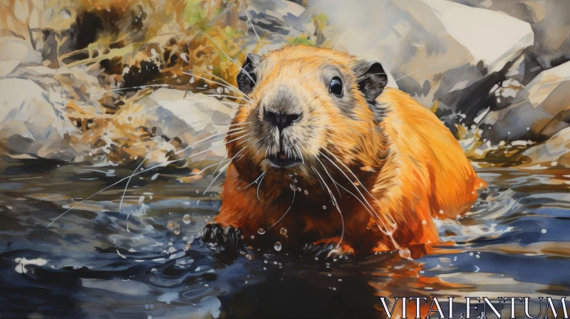 Watercolor Painting of Pika in Mountain Stream AI Image