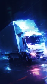 White and Blue Truck Driving on Dark Road - Digital Painting