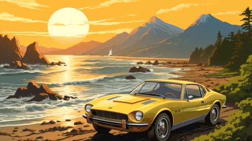 Yellow Sports Car by the Ocean: Vintage Poster Design