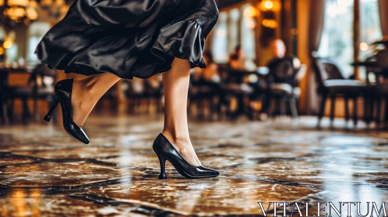 Elegant Woman Dancing in Black Dress and High Heels AI Image