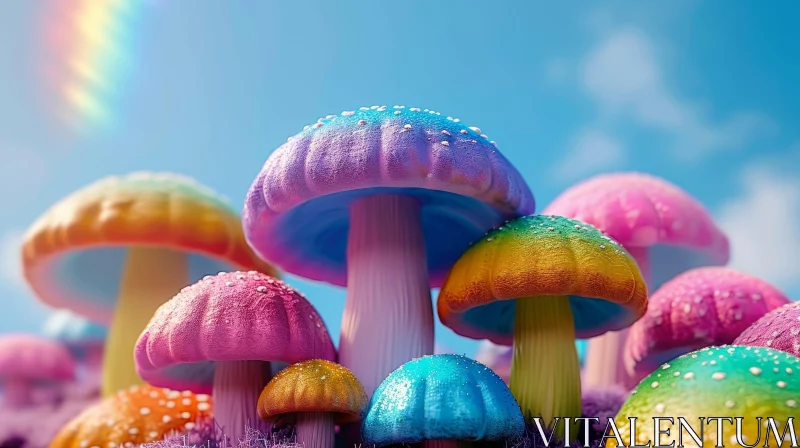 Enchanting Colorful Mushroom Cluster in Field Under Rainbow AI Image
