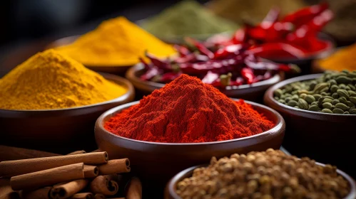 Exquisite Variety of Spices in Wooden Bowls - Close-up Image