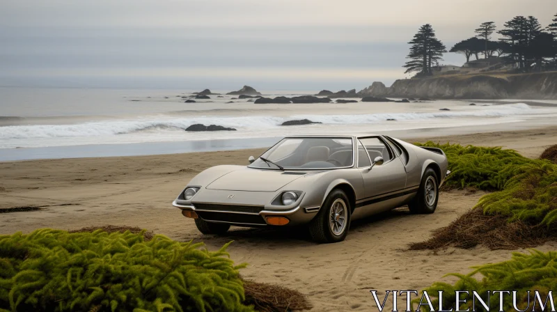 Gray Car on Beach: Iconic Design Inspired by Post-'70s Ego Generation AI Image