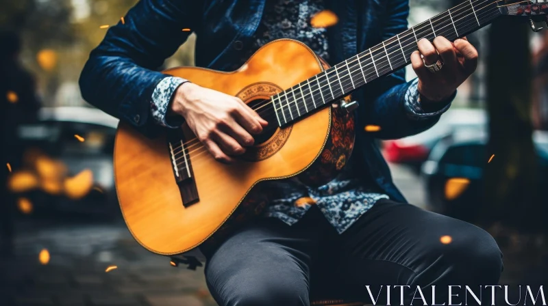 Man Playing Guitar in Urban Setting AI Image