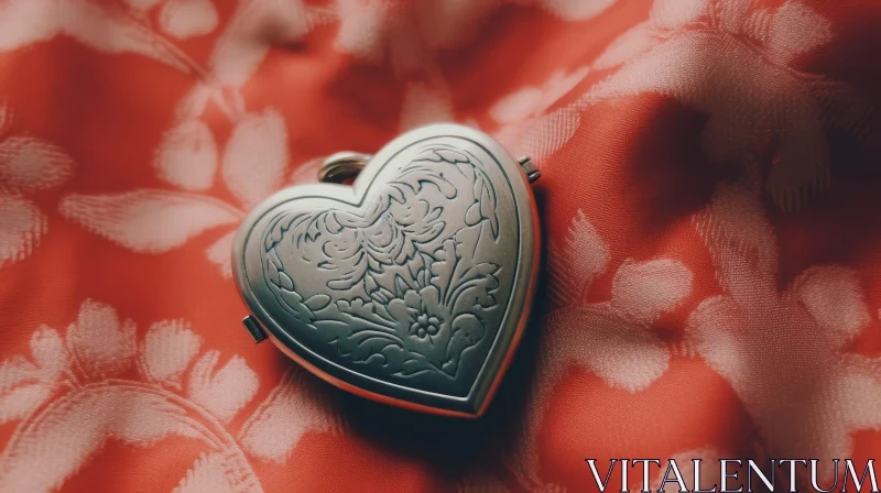 Silver Heart-Shaped Locket on Red Cloth AI Image