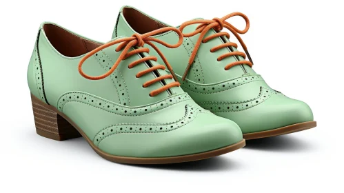 Stylish Mint Green Women's Leather Shoes with Brogue Pattern