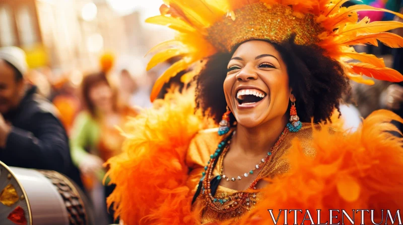 Young Woman in Elaborate Orange Feathered Headdress at Carnival AI Image