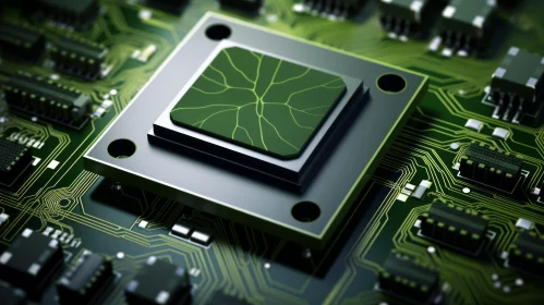 Close-up Central Processing Unit (CPU) on Green Printed Circuit Board