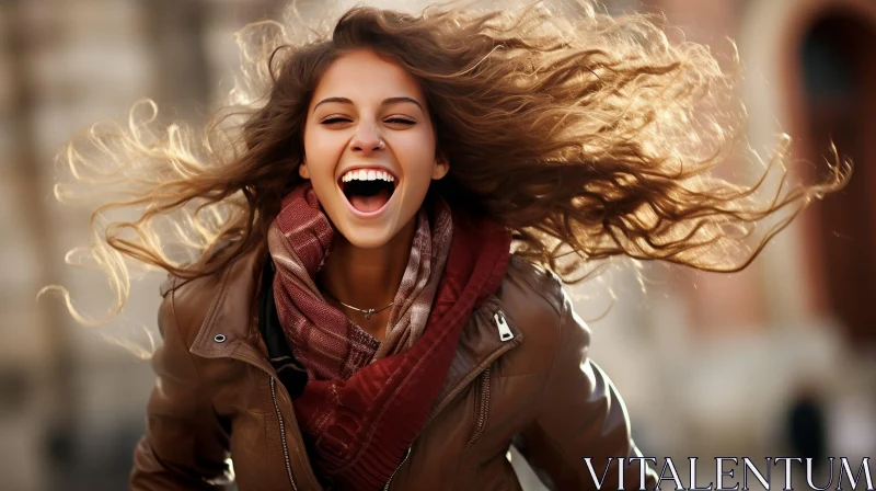 Laughing Woman in Brown Leather Jacket AI Image